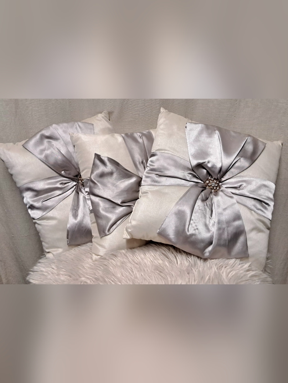 Elegant 14 " Satin Bow Decorative Pillows - Set Of 3